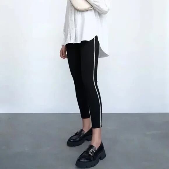 ZARA High Rise Side Appliqués Rhinestone Stripes Cropped Trouser Pants M Black - Picture 12 of 15